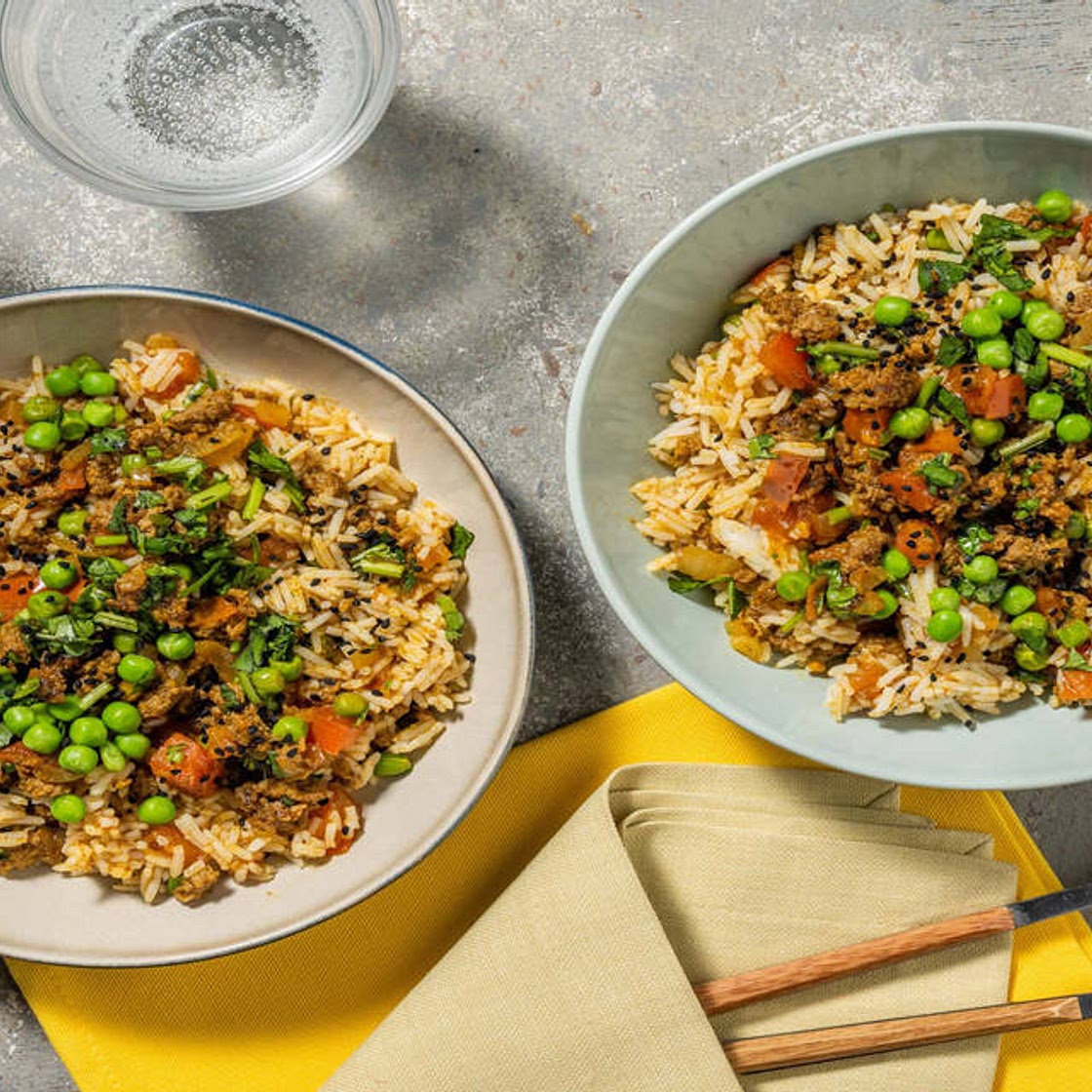 Aromatic Beef Pilaf with Tomatoes, Peas and Mango Chutney