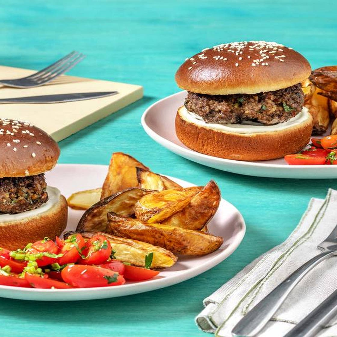 Herby Burgers and Wedges with Chimichurri Tomato Salad and Mayo