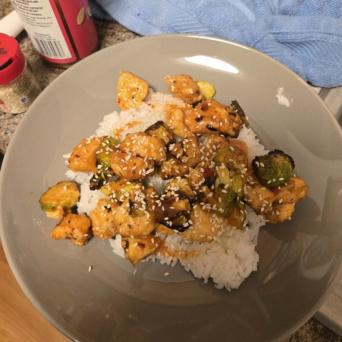 Air Fryer Sweet Chili Chicken and Brussels Sprouts