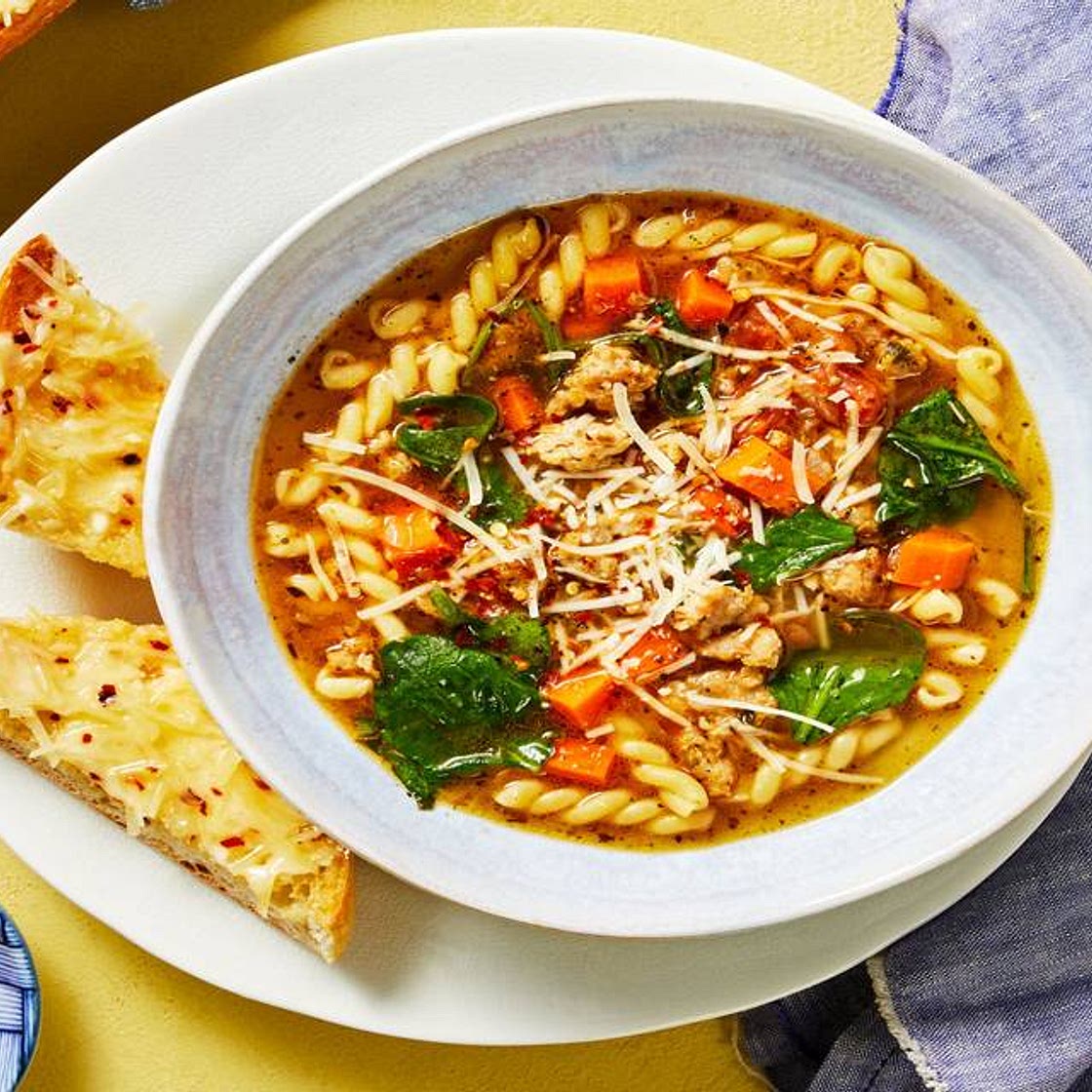 Italian Noodle Soup With Chicken Sausage, Gemelli Pasta, and Parmesan Toasts