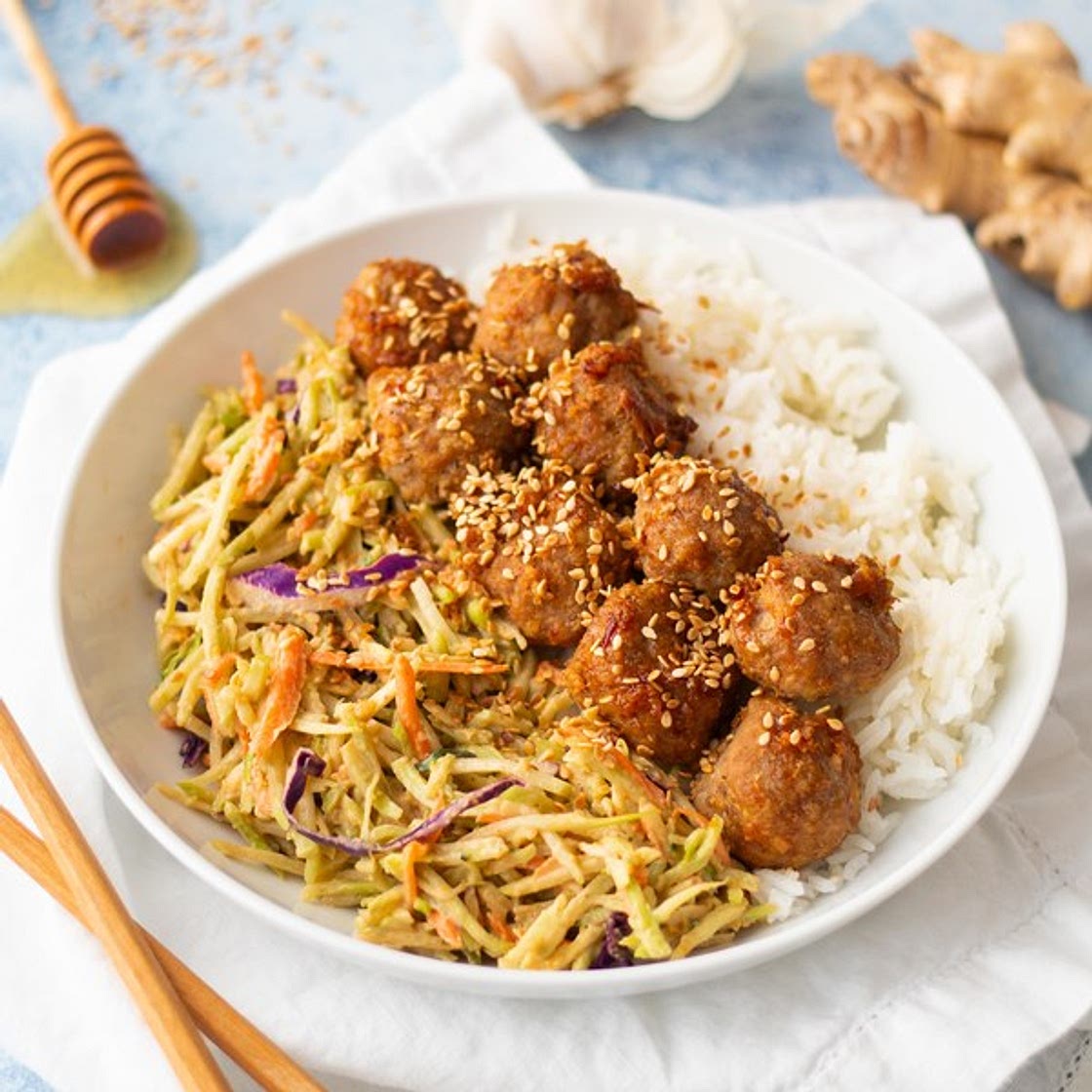Spicy Turkey Meatballs with Peanut-Broccoli Slaw & Rice
