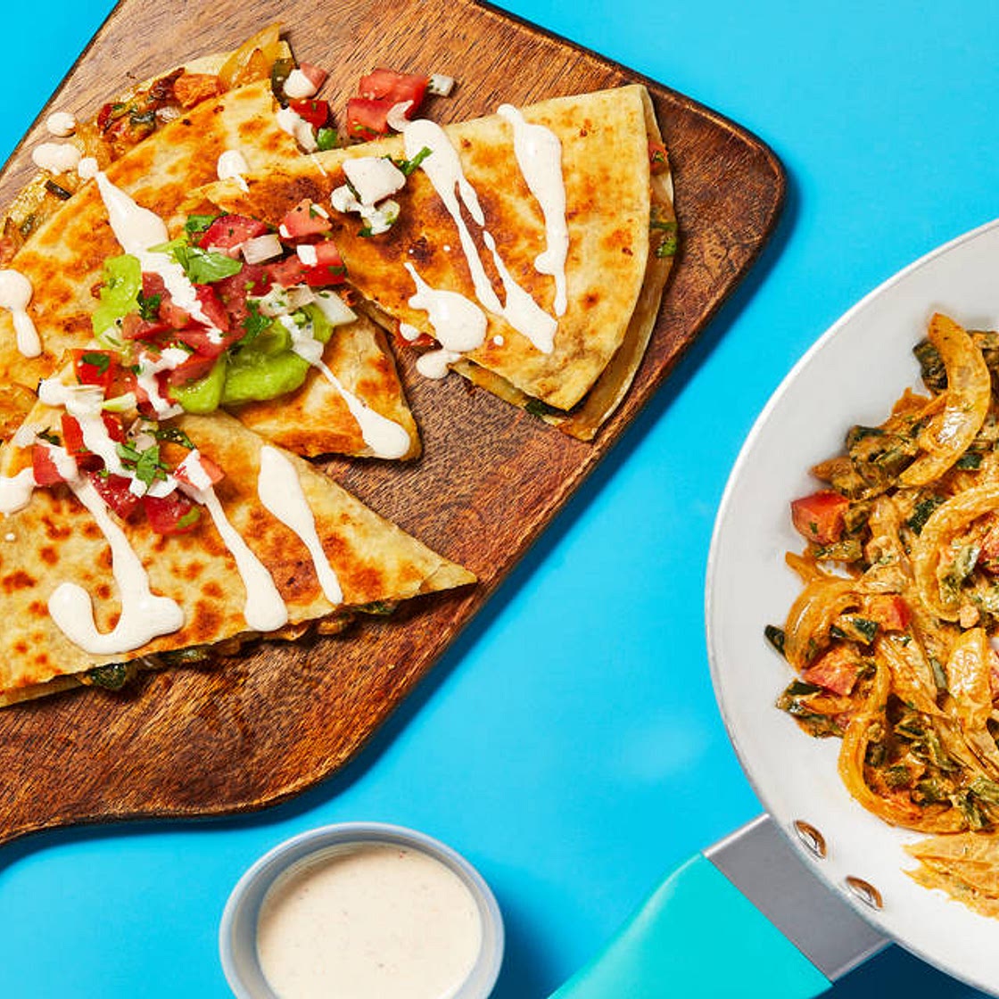 One-Pan Rajas Quesadillas with Salsa Fresca, Southwest Crema & Guacamole