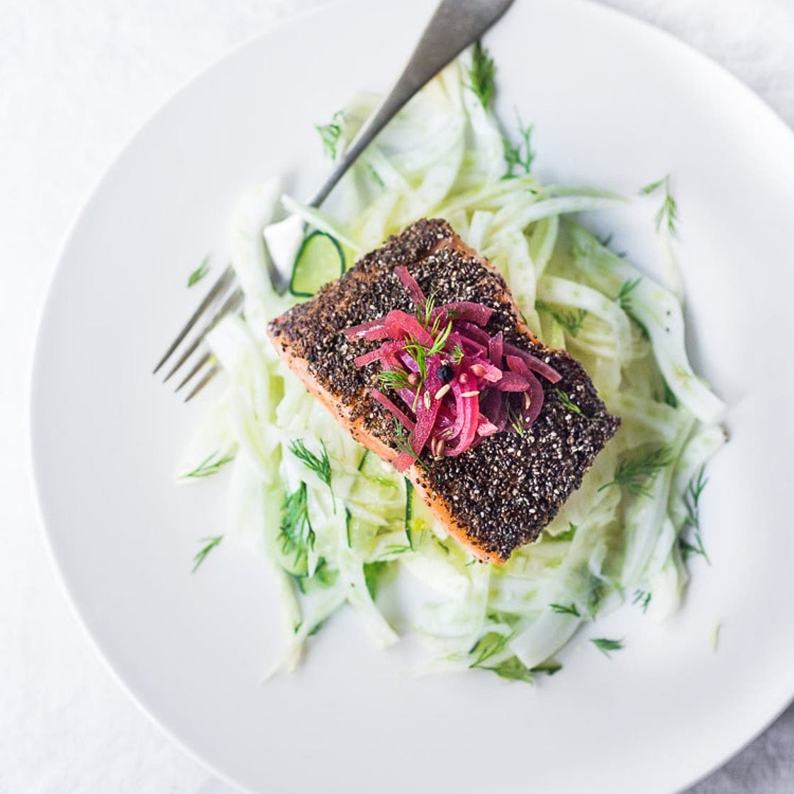 Pan Seared Salmon with Chia Seeds, Fennel Slaw and Pickled Onions