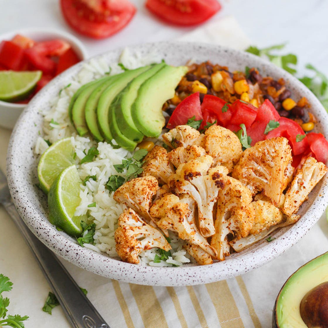 Roasted Cauliflower & Black Bean Burrito Bowl with Cilantro Lime Rice
