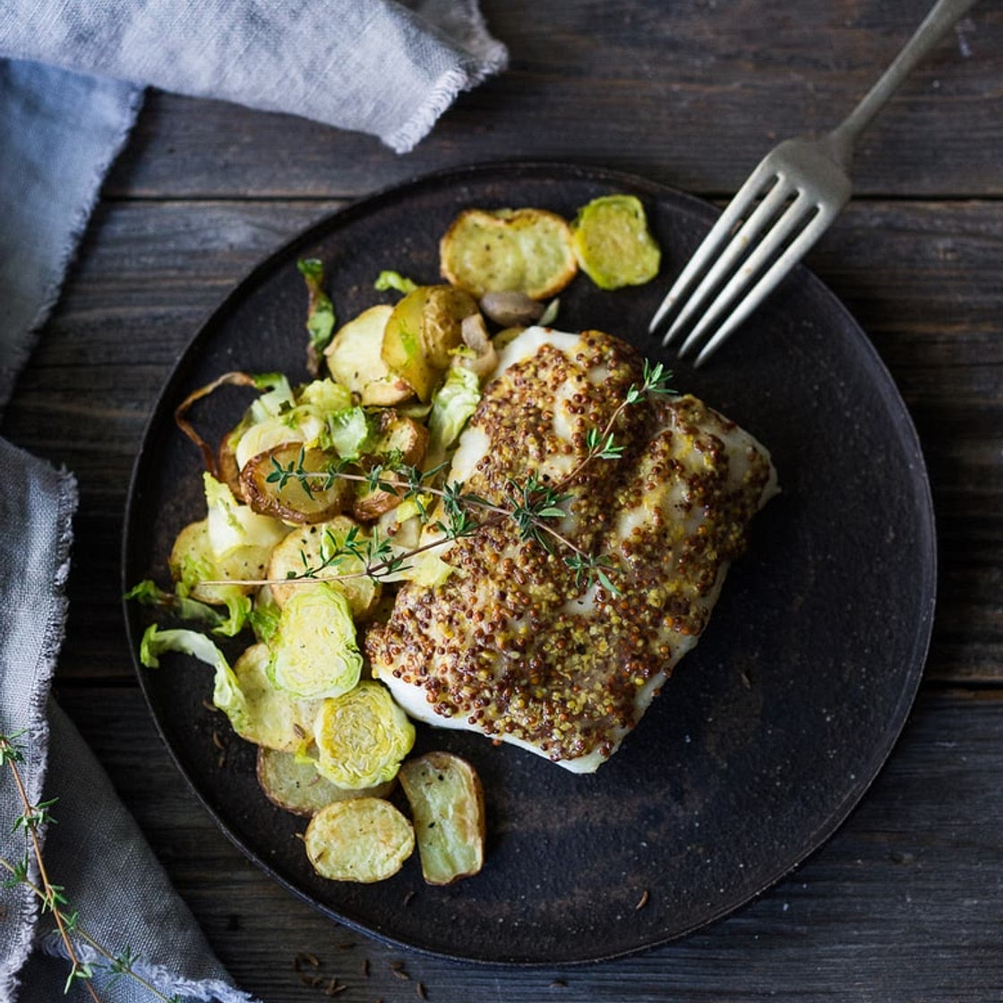 Roasted Mustard Seed White Fish with Potato-Brussel Sprout Hash