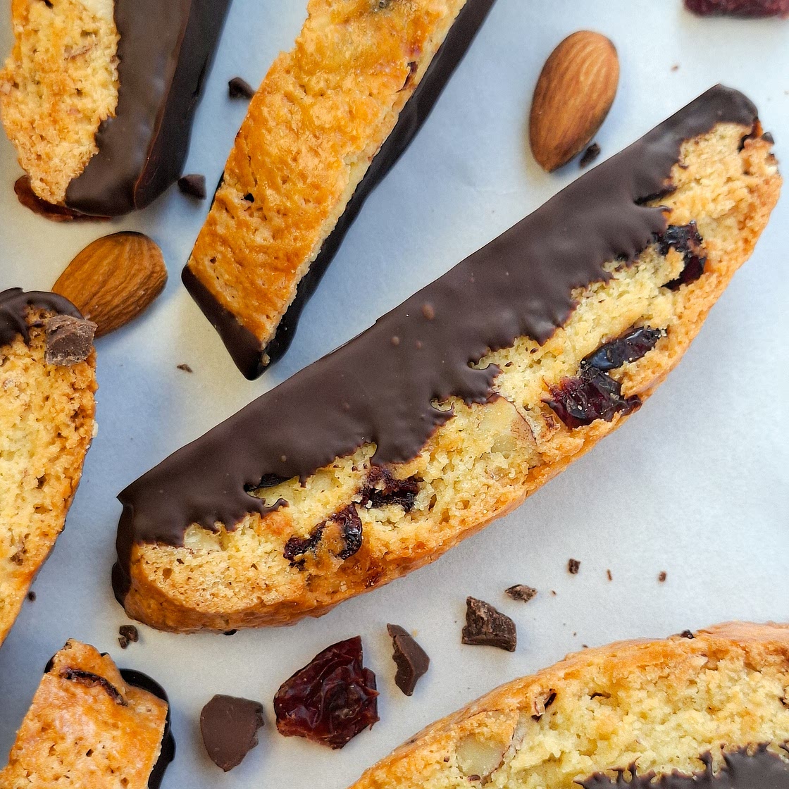 Cranberry Almond Biscotti (Dipped in Chocolate)