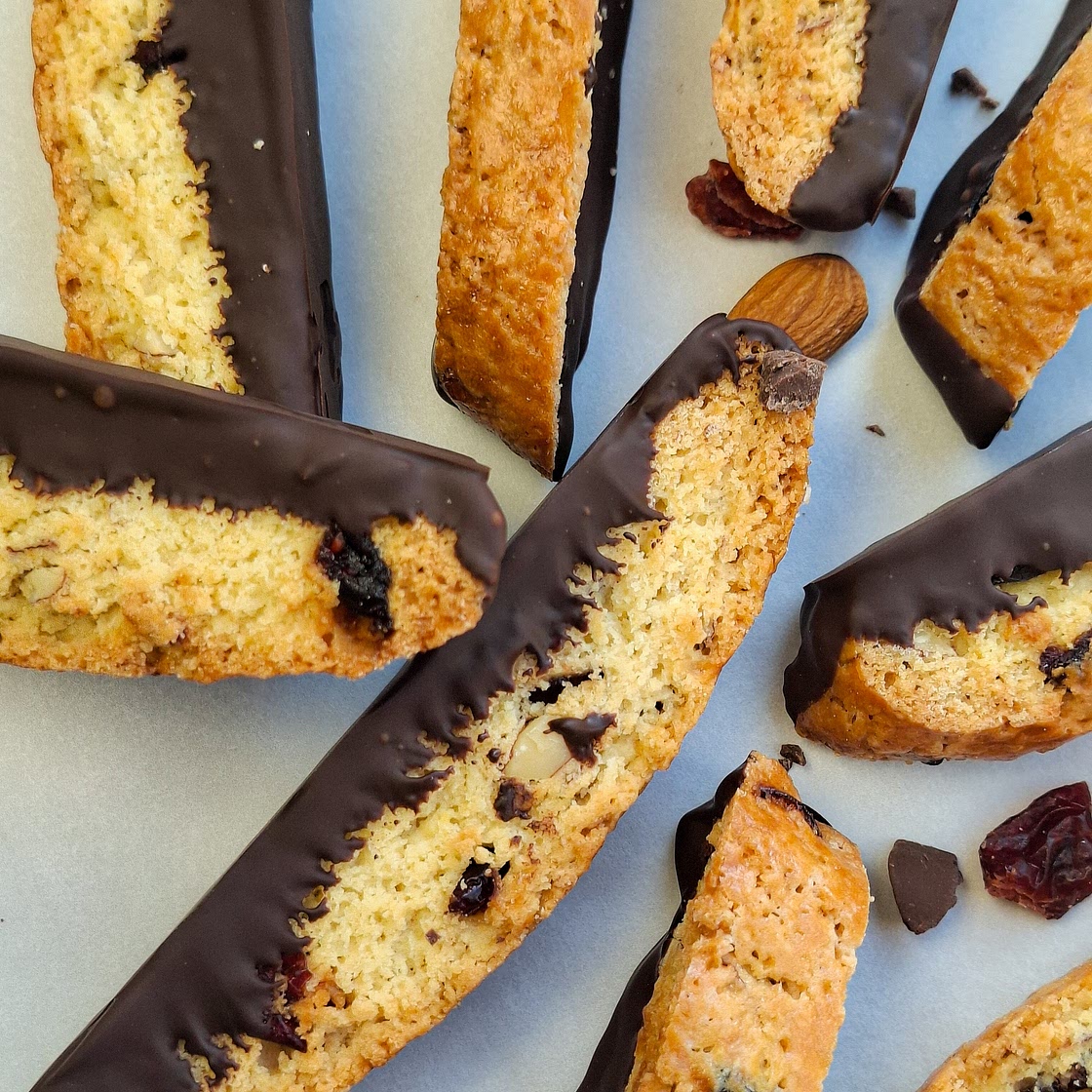 Cranberry Almond Biscotti (Dipped in Chocolate)
