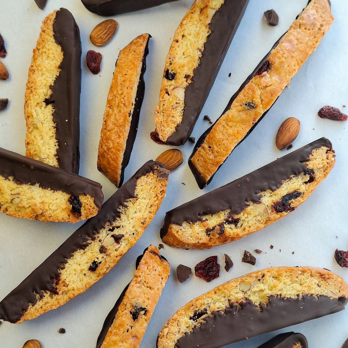 Cranberry Almond Biscotti (Dipped in Chocolate)