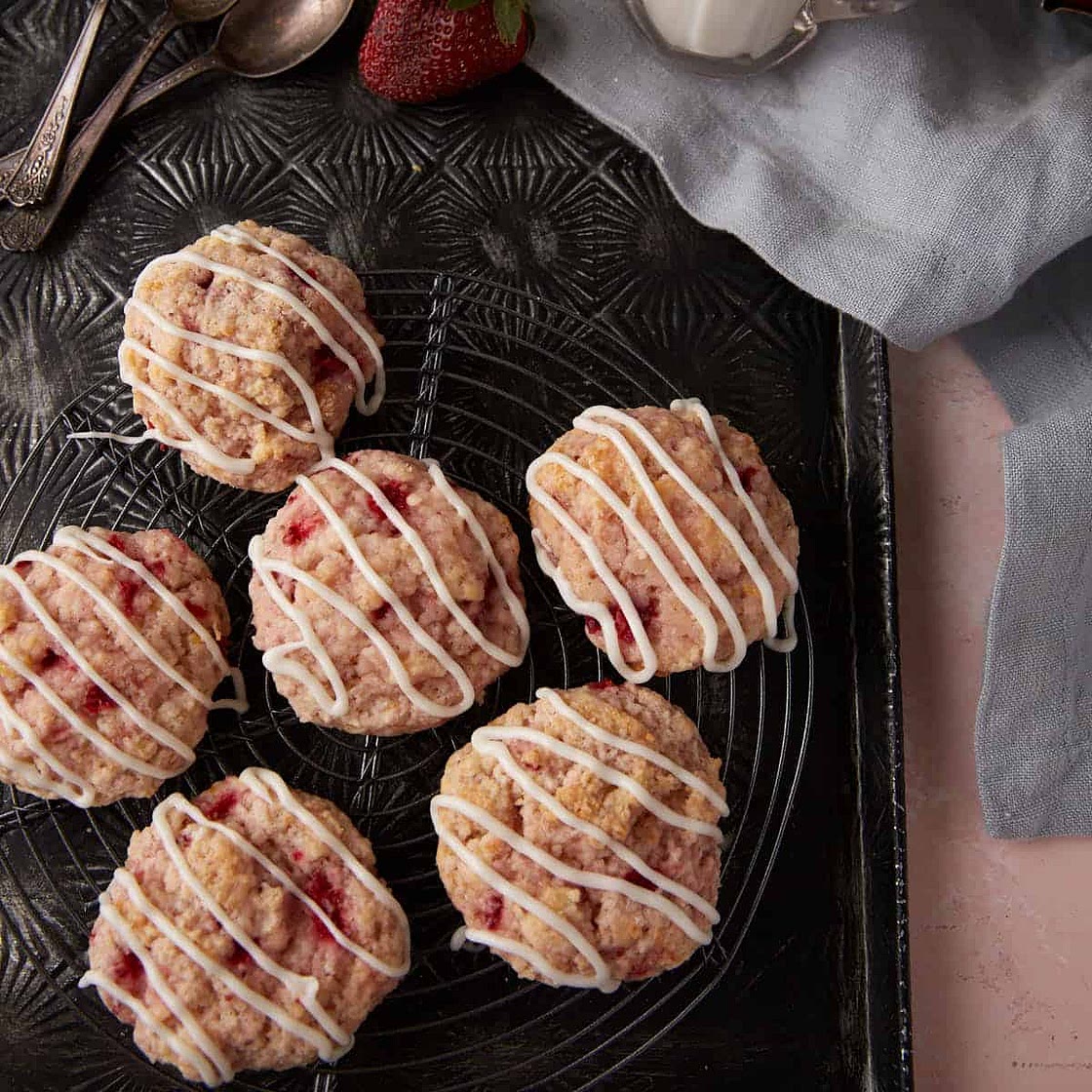 Glazed Strawberry Shortcake Cookies with Fresh Strawberries