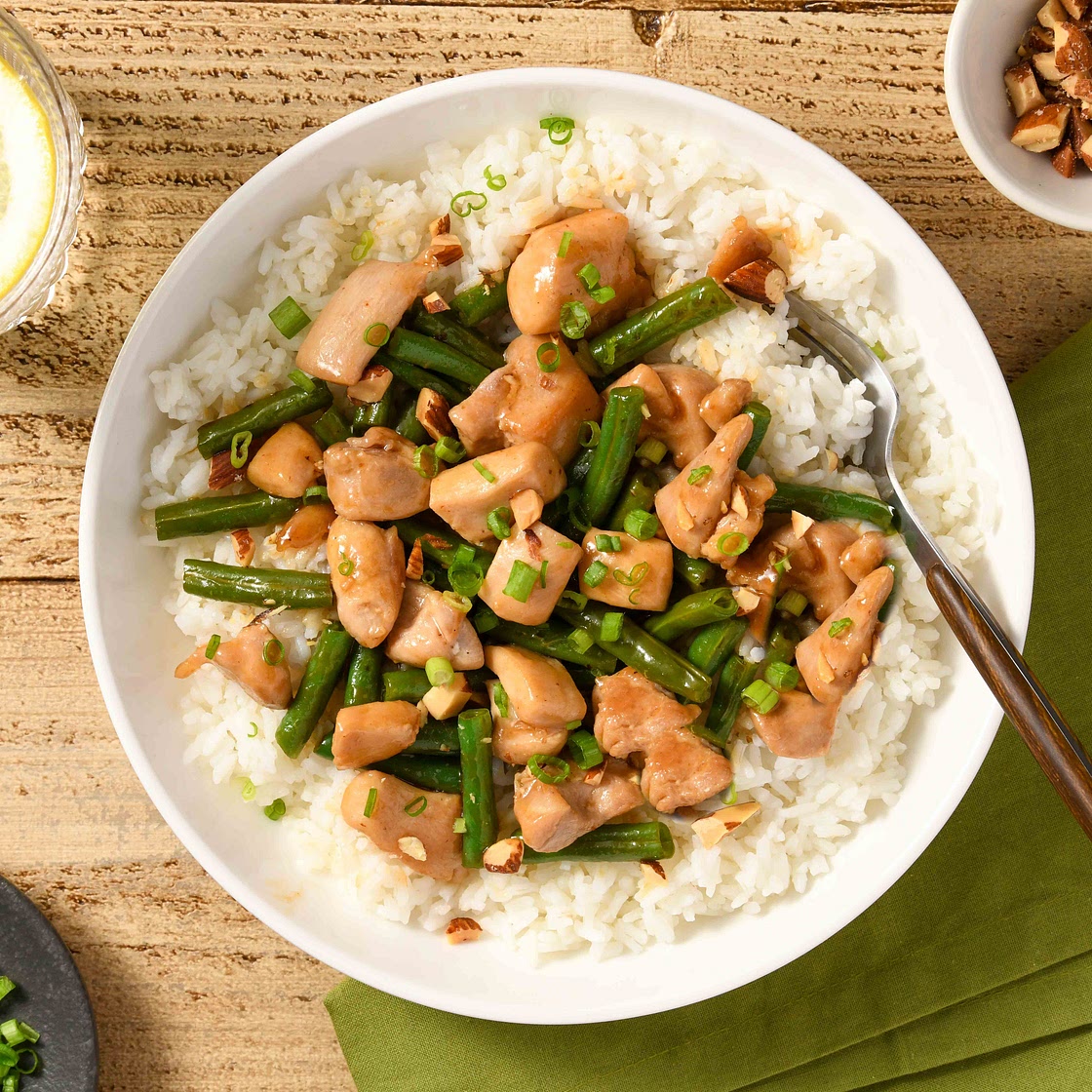 Teriyaki Chicken Thighs with rice and smoked almonds