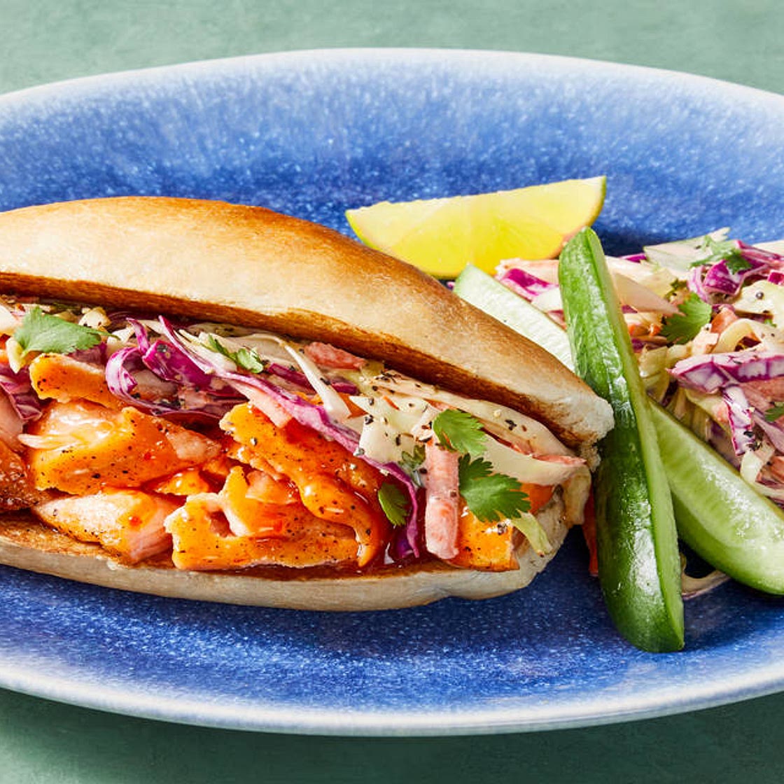 Salmon Banh Mi Baguettes with Spicy Slaw & Cucumber Spears