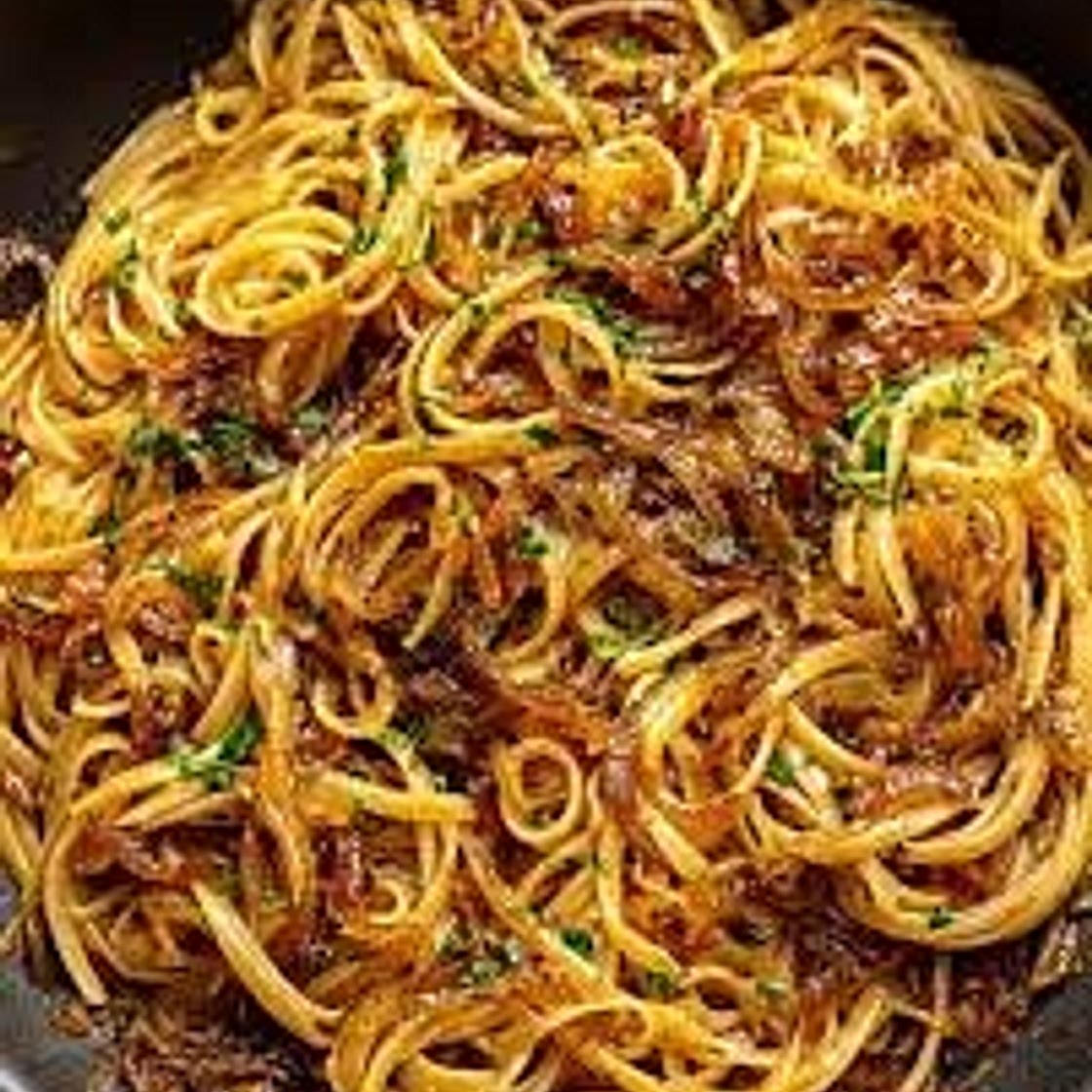 Slow Cooker Garlic Herb Linguine with Caramelized Onions