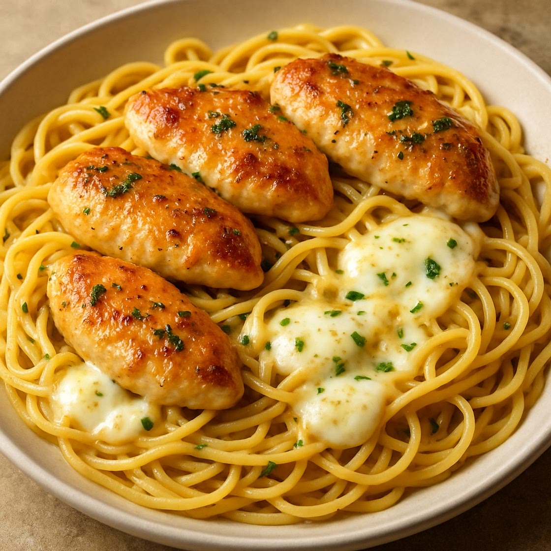 Garlic Butter Chicken with Linguine Pasta and Mozzarella Cheese