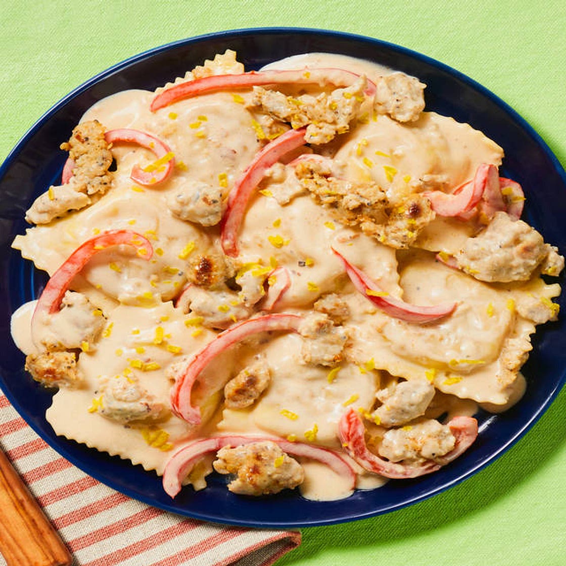 Tomato & Ricotta Stuffed Ravioli with Creamy Chicken Sausage