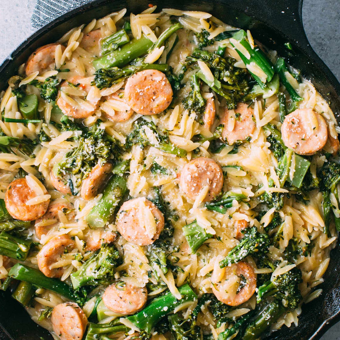 Recipe: Broccolini, Chicken Sausage, and Orzo Skillet