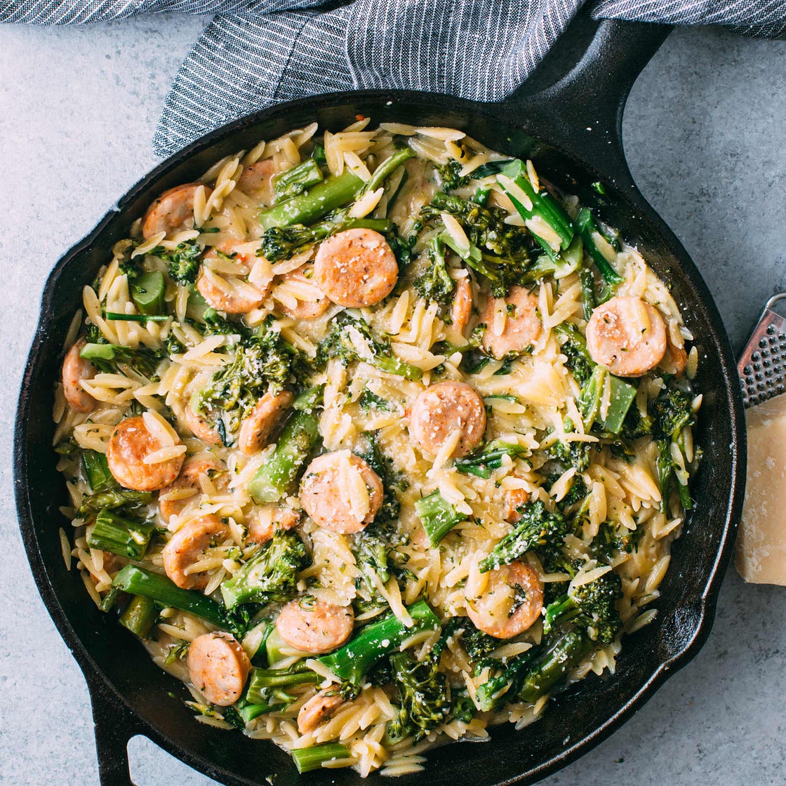 Recipe: Broccolini, Chicken Sausage, and Orzo Skillet