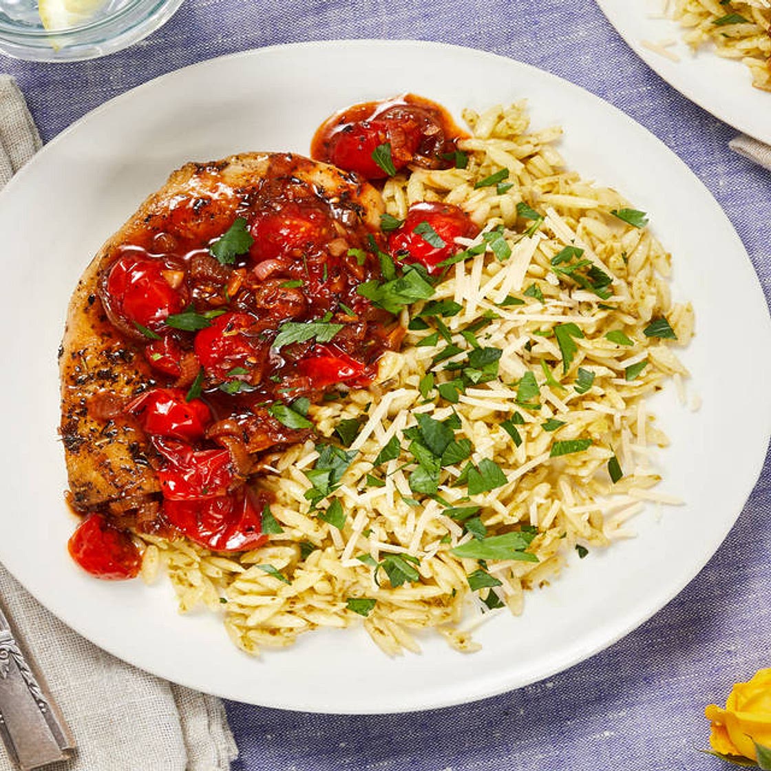 Provençal Herbed Chicken with Burst Tomatoes and Cheesy Pesto Orzo