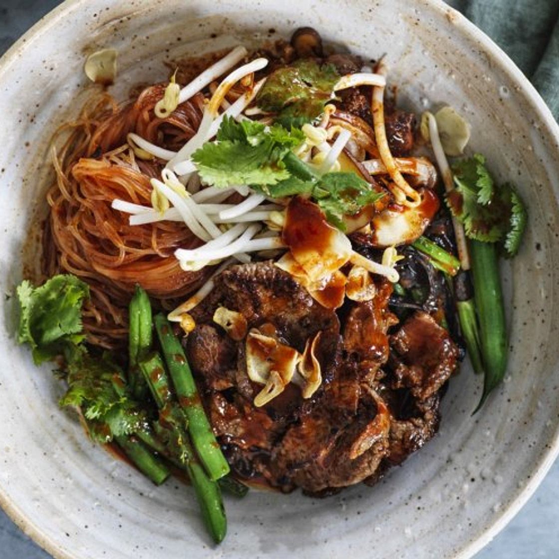 Karen Martini's Korean-style seared beef with vermicelli, beans and fungi