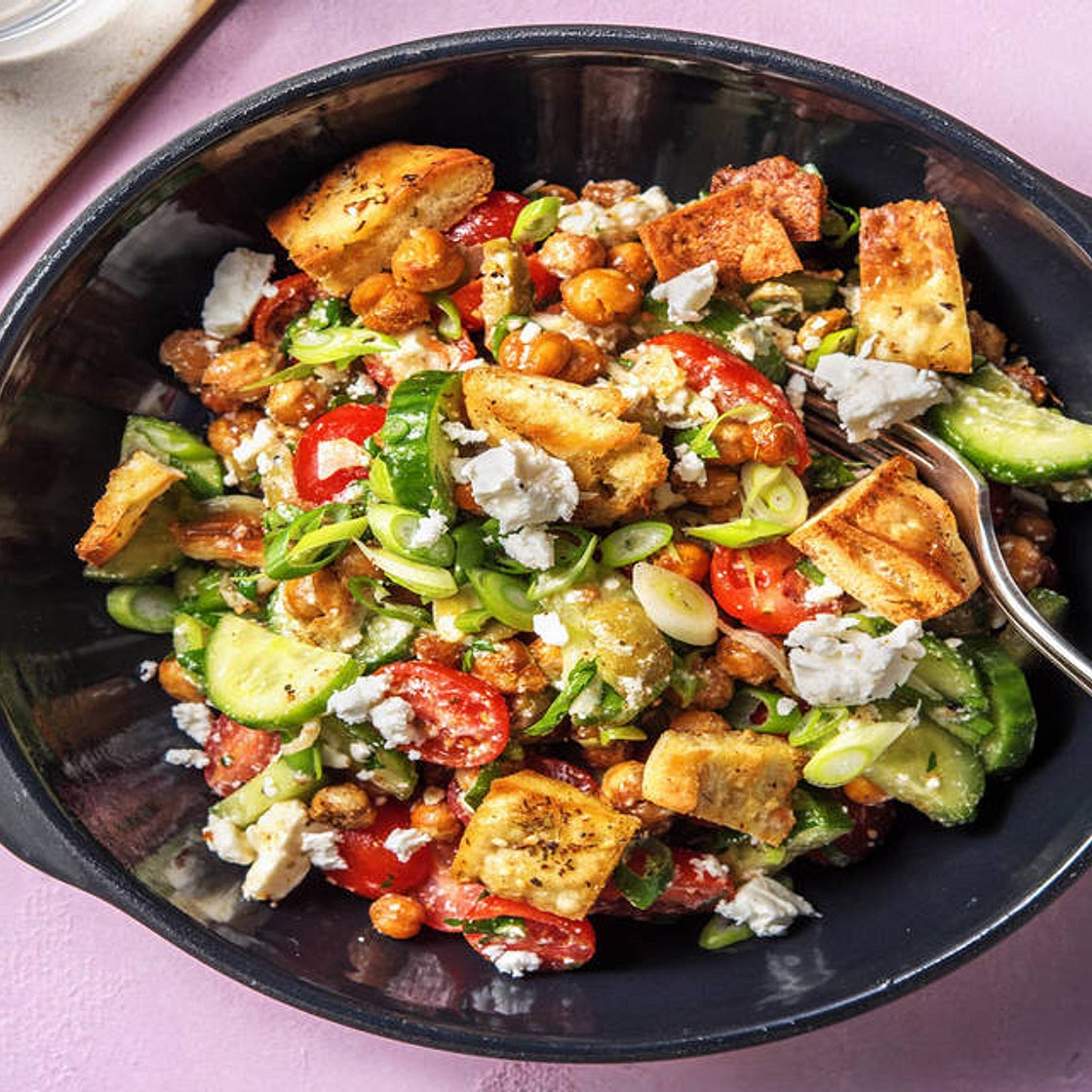 Fattoush Salad with Roasted Chickpeas Spiced Pita and Feta Cheese