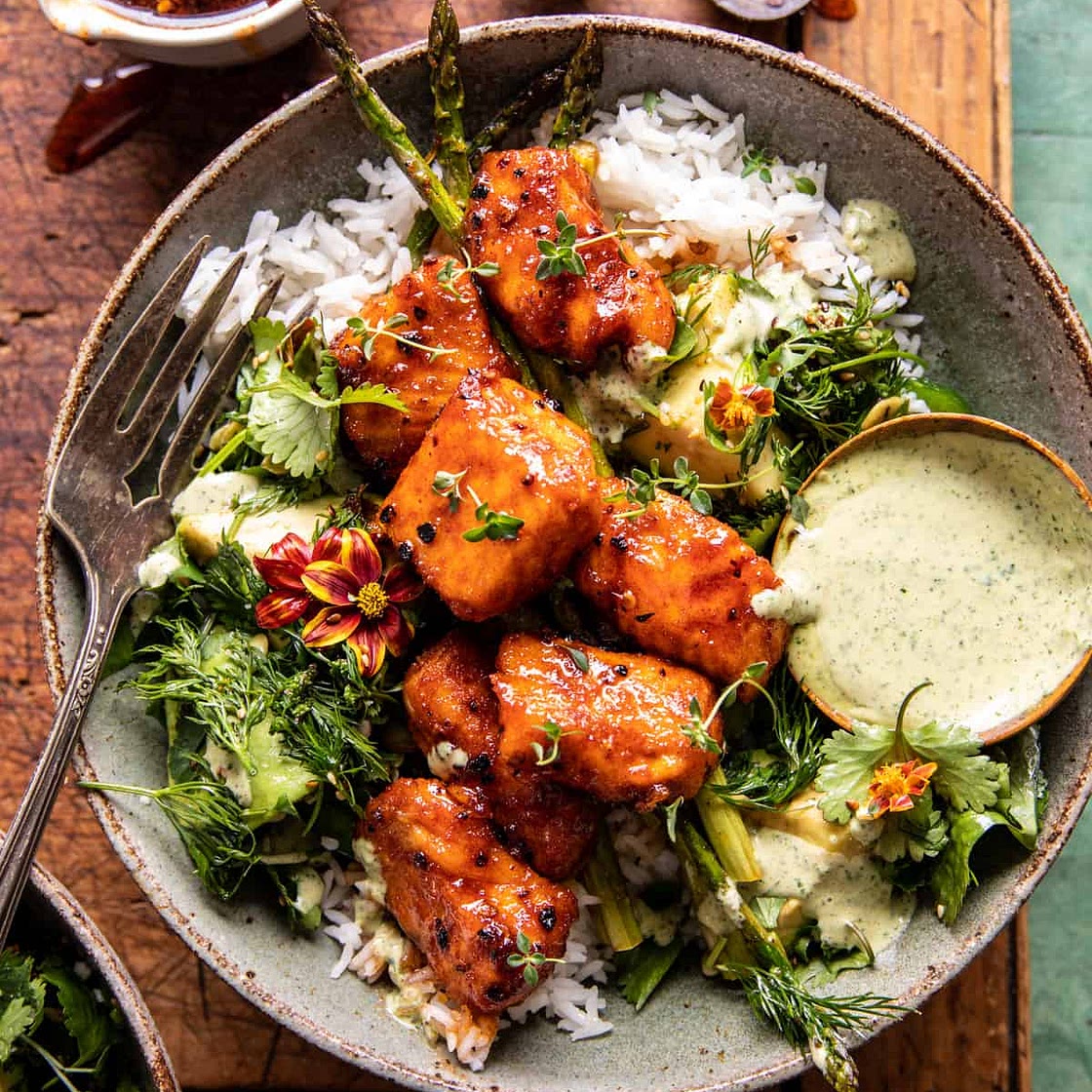 Hot Honey Crispy Salmon Bowls