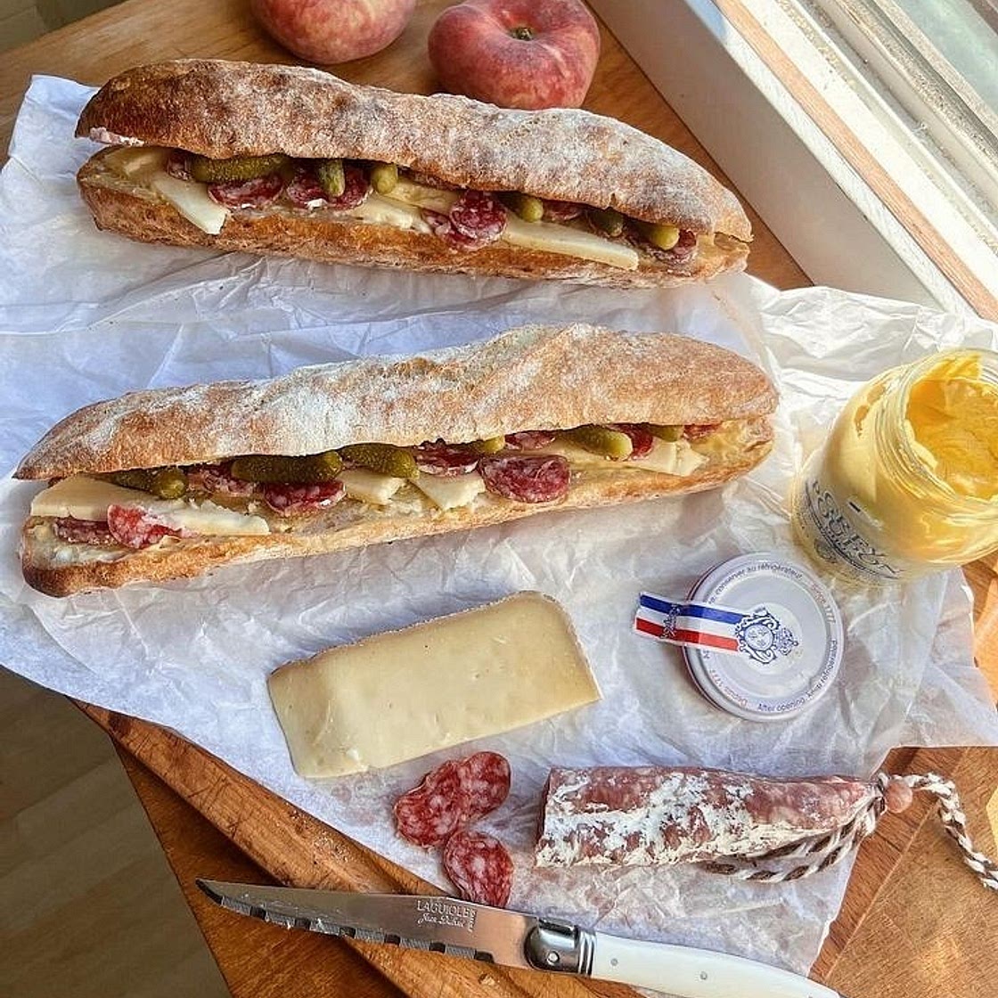 French Baguette Sandwich With Cheese, Saucisson & Cornichons