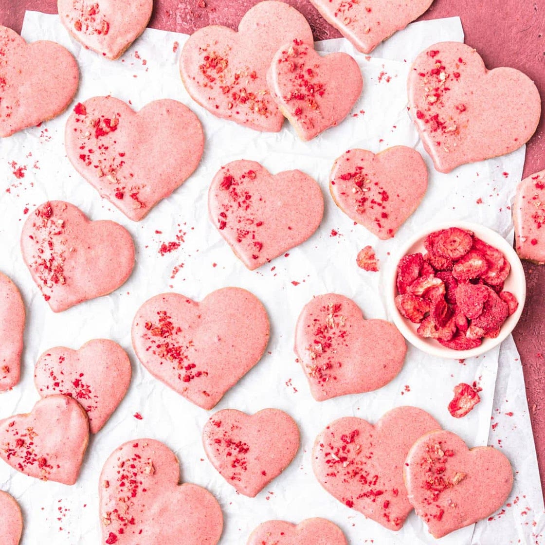 Heart Shaped Strawberry Shortbread Cookies