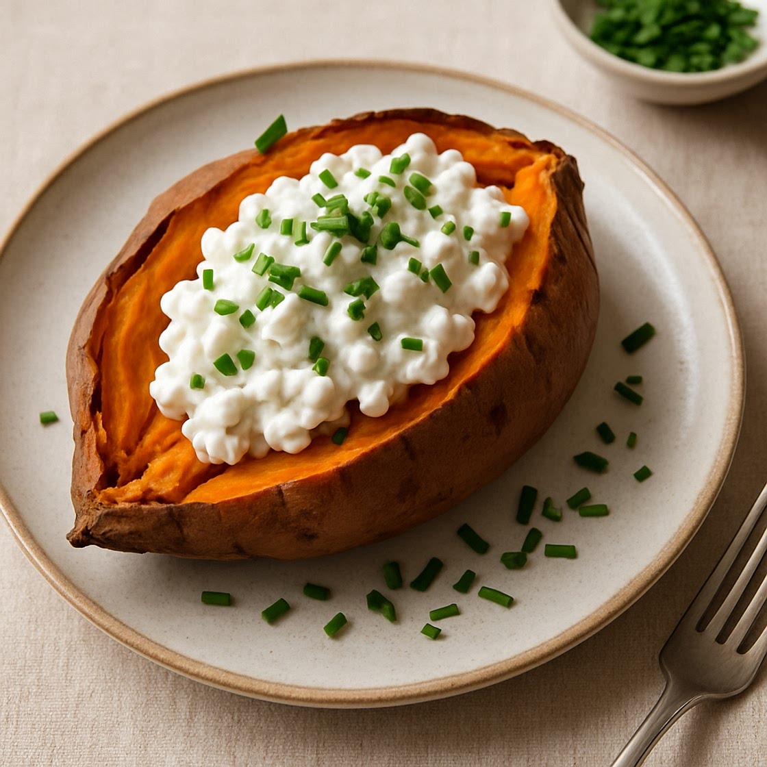Baked Sweet Potato with Cottage Cheese & Chives