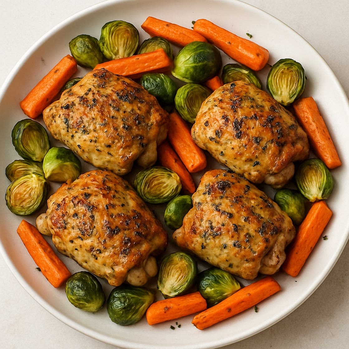 Herb Roast Chicken Thighs with Brussels & Carrots