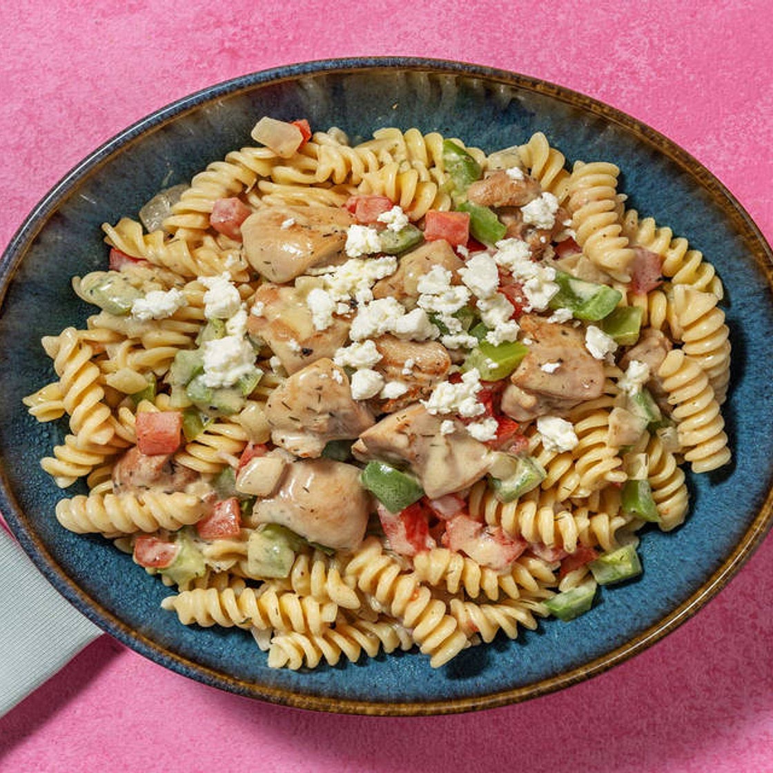 Greek-Inspired Chicken Pasta with Creamy Sauce and Feta