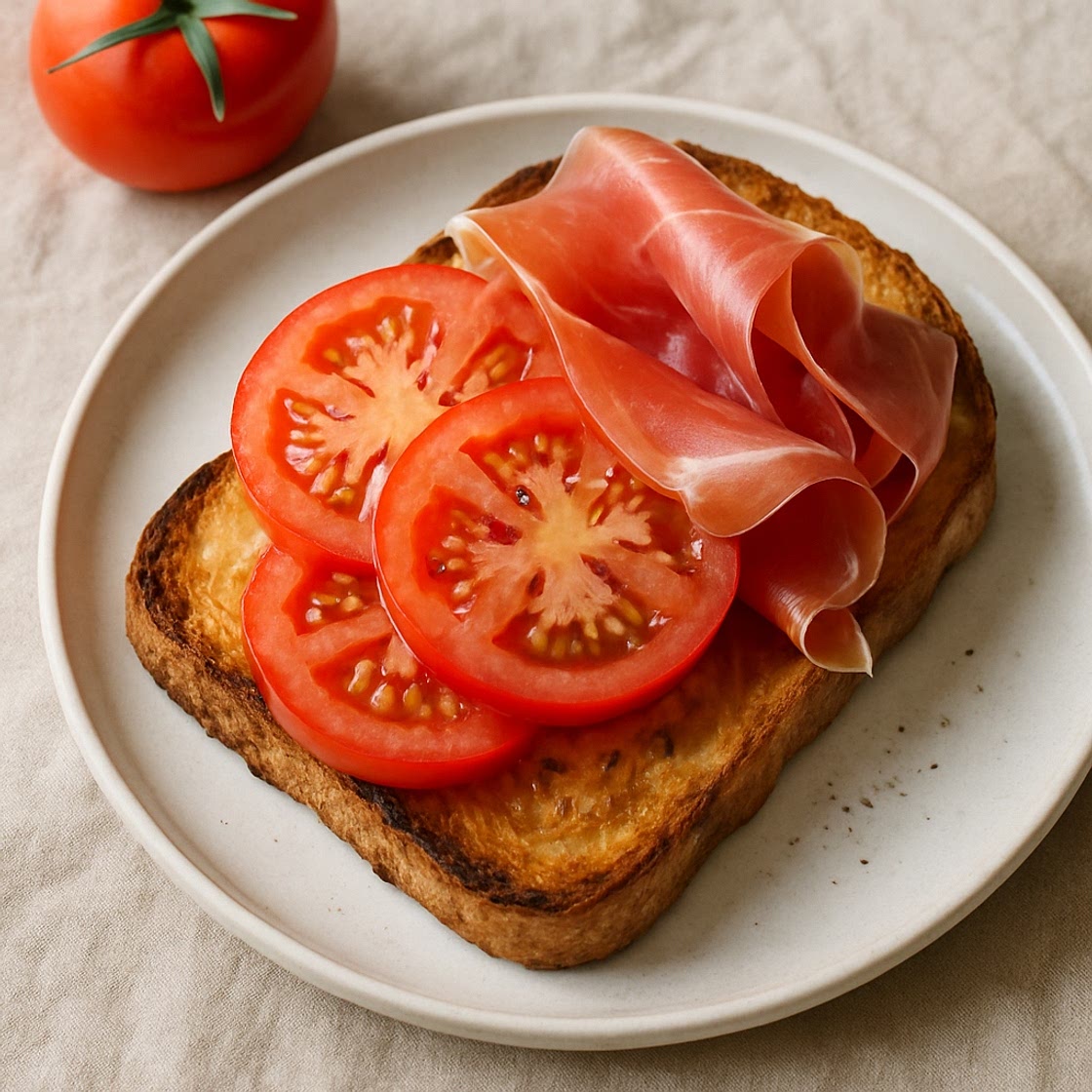 Geroosterd broodje serranoham en tomaat