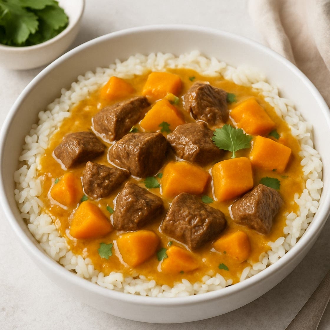 Kokos-, rundvlees- en pompoencurry uit de slowcooker