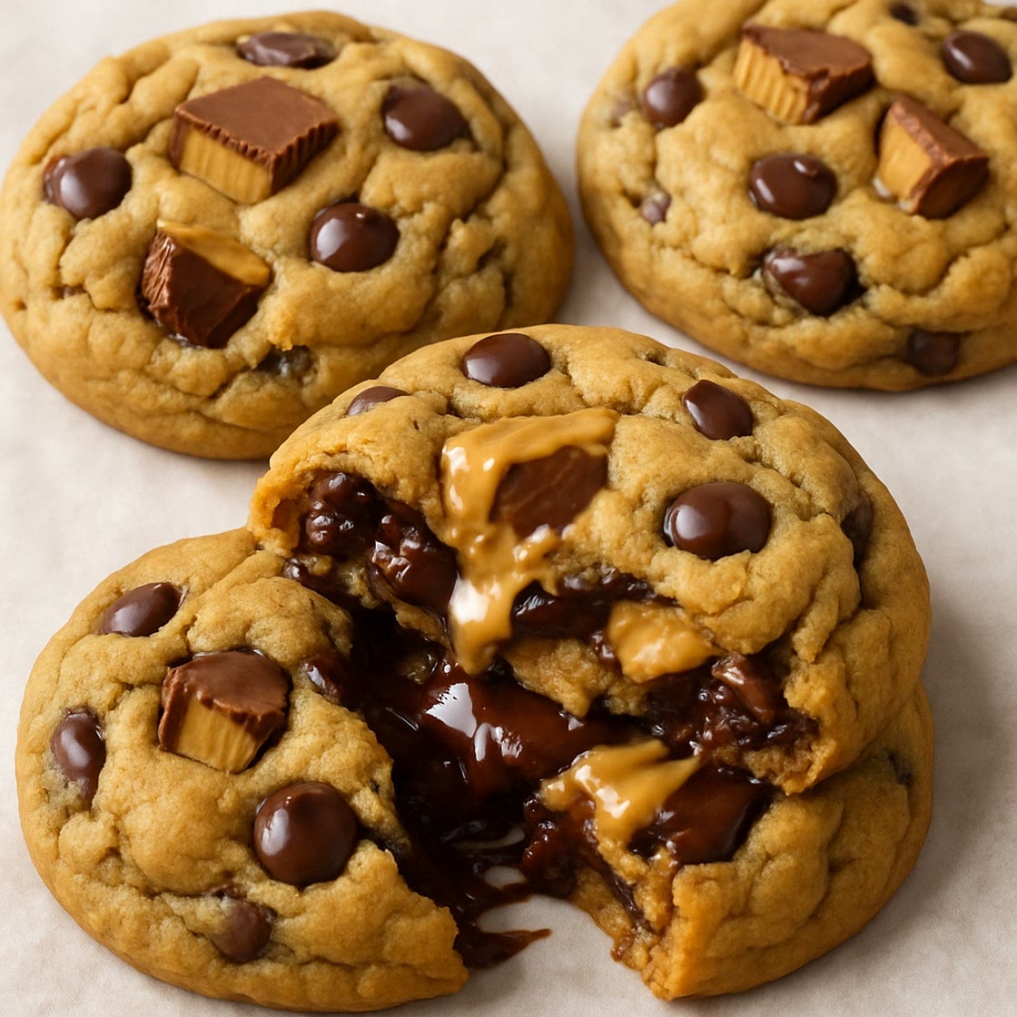 Ultra-Thick Gooey Chocolate Peanut Butter Cup Cookies (No Chill)