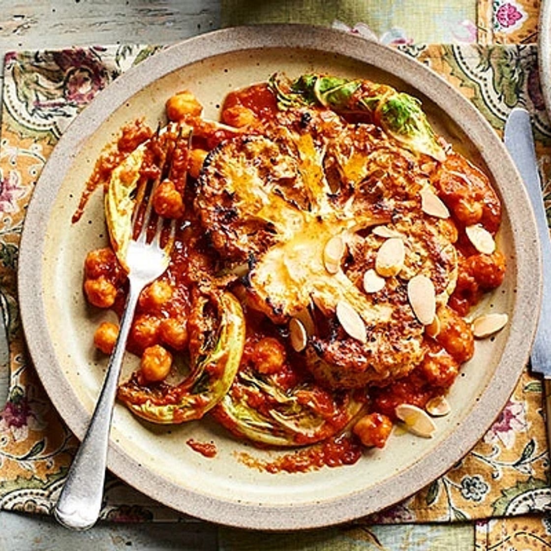Roasted cauliflower with harissa & chickpea sauce