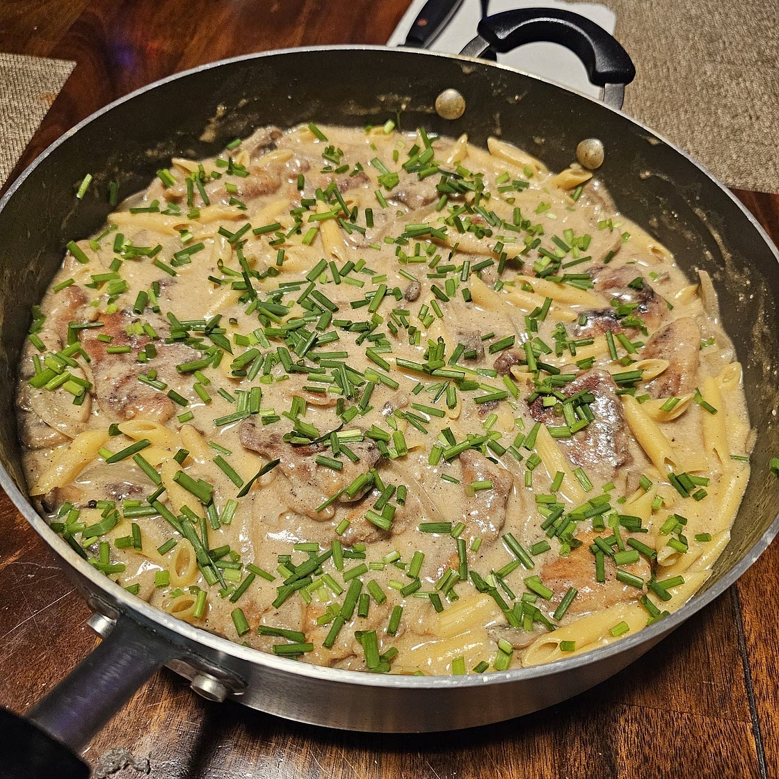 Pork Tenderloin in Creamy Mushroom Sauce and Pasta dinner