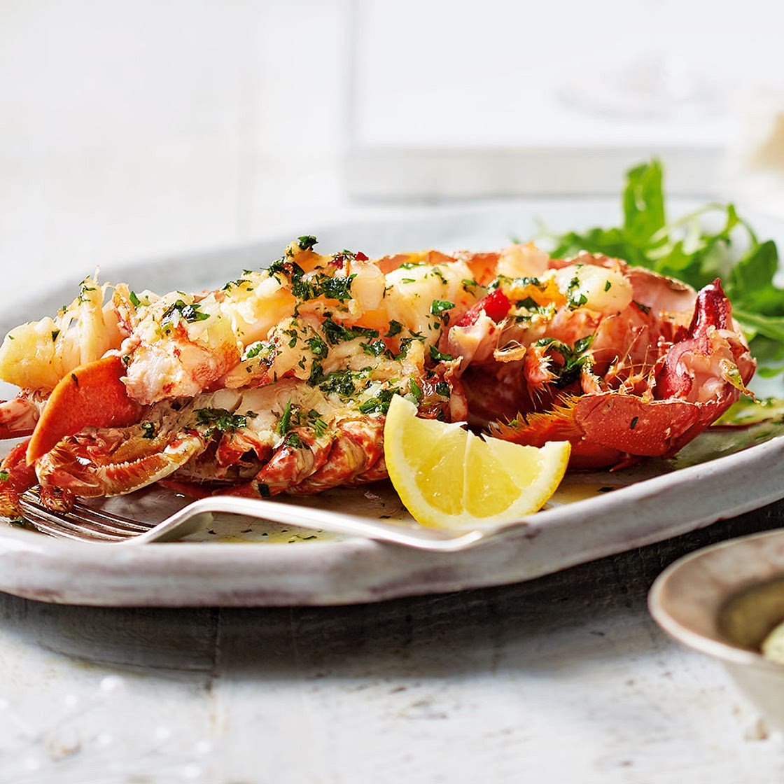 Grilled lobster with garlic and herb butter