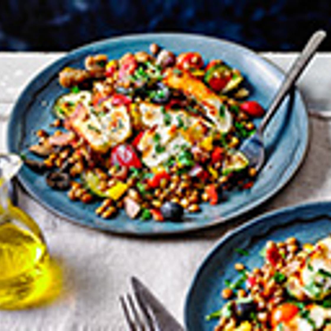 Halloumi and vegetable lentil traybake