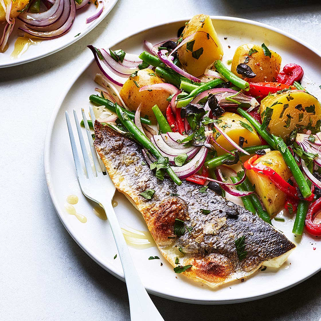 Grilled sea bass fillets with Mediterranean potato salad