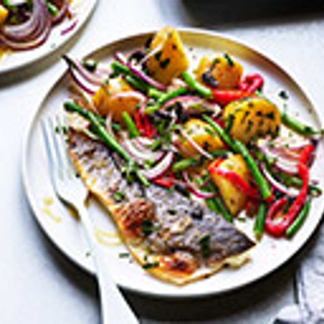 Grilled sea bass fillets with Mediterranean potato salad