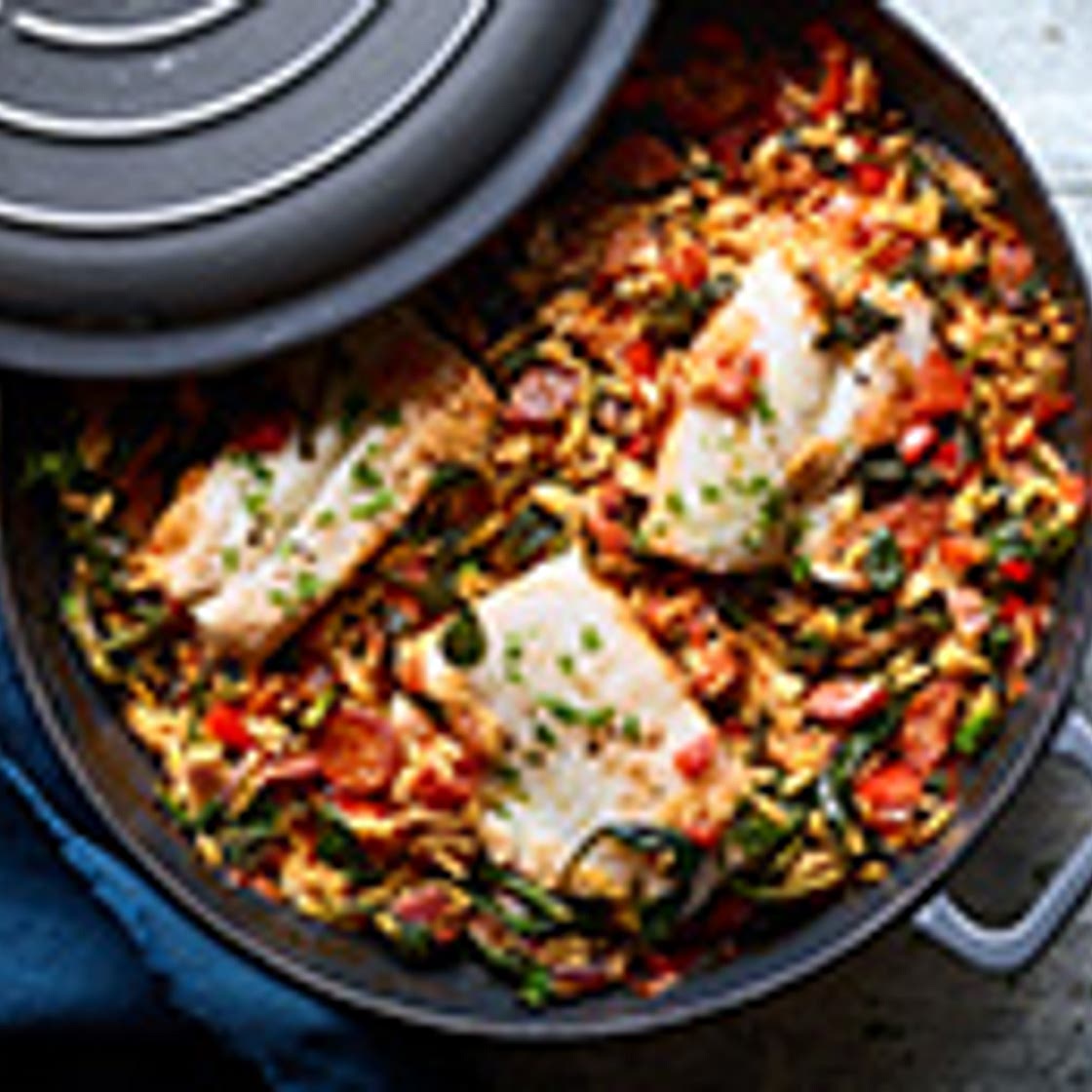 Baked chorizo orzo with white fish