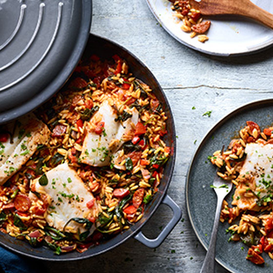 Baked chorizo orzo with white fish
