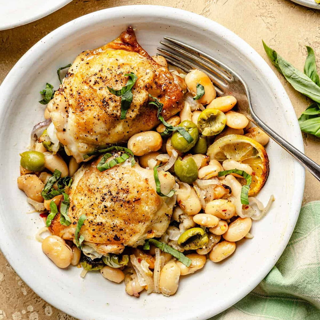 One-Pan Roasted Chicken with Lemony White Beans