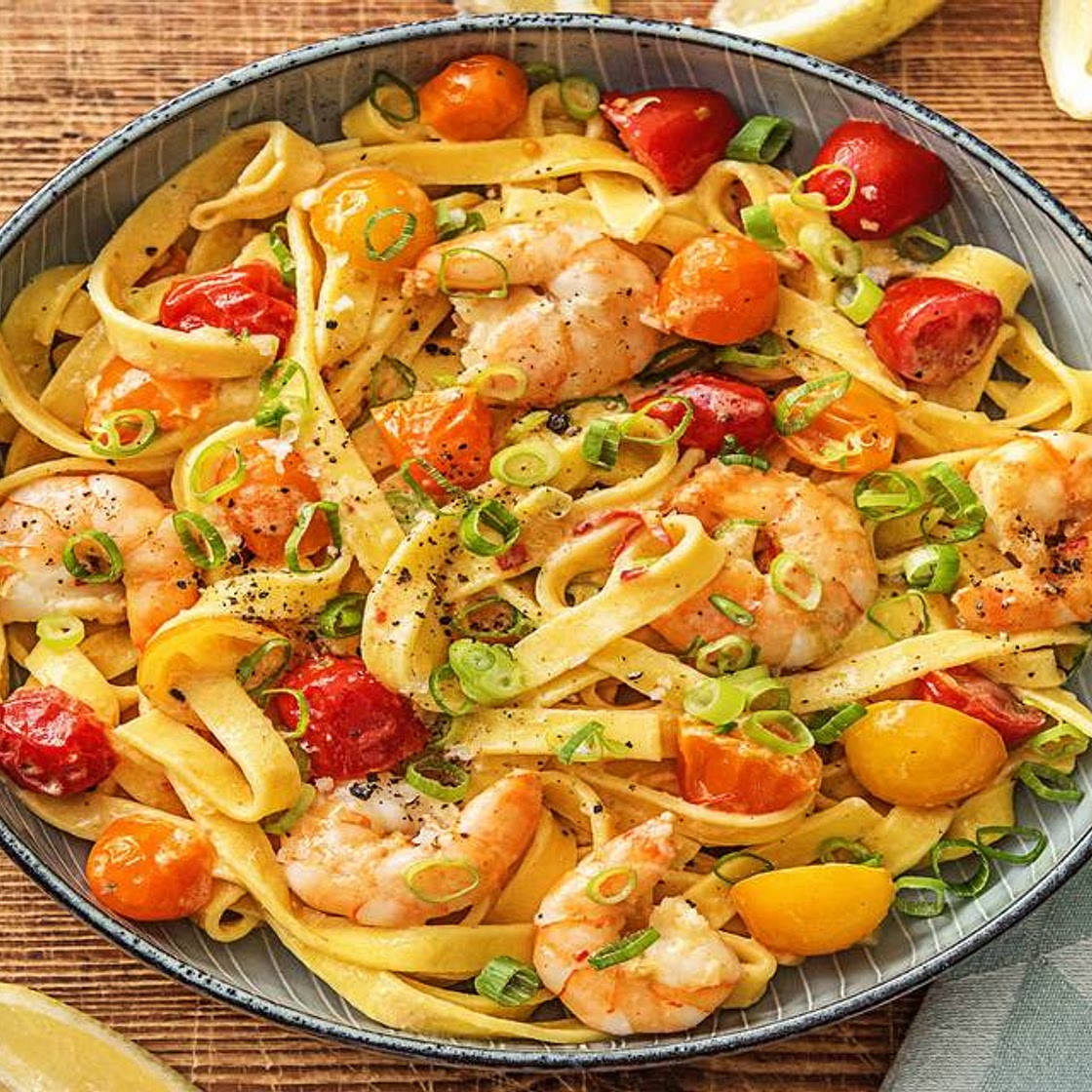 Creamy Shrimp Tagliatelle with Heirloom Tomatoes, Garlic, and Chili