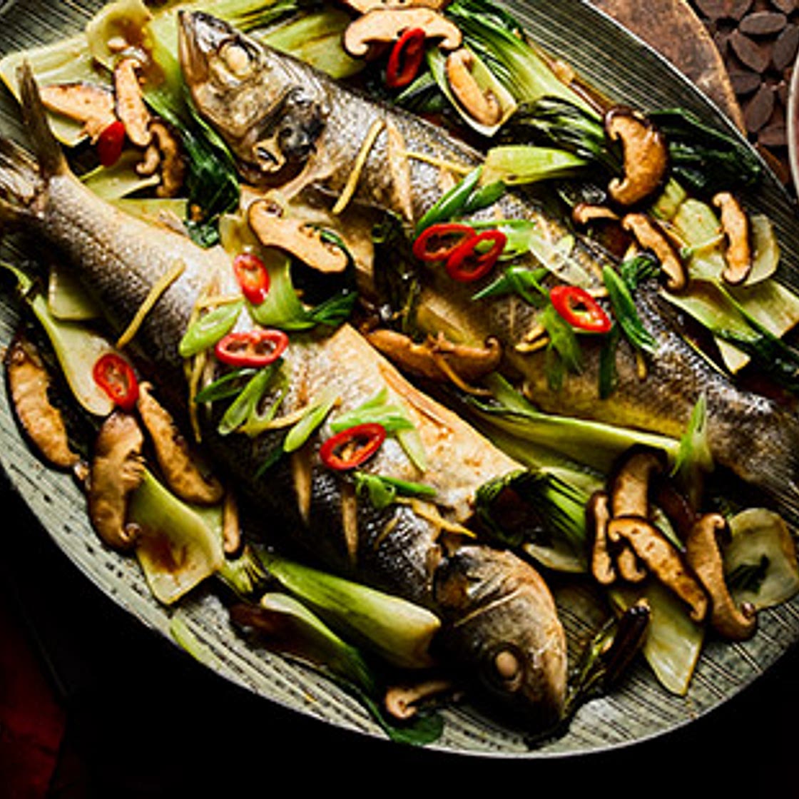 Sea bass with shiitake, ginger and pak choi