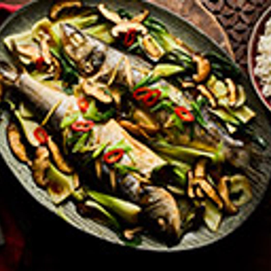 Sea bass with shiitake, ginger and pak choi