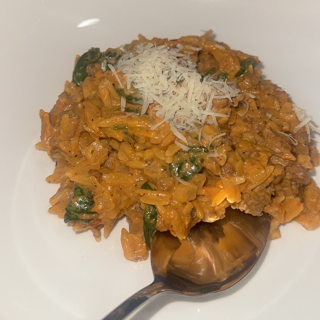 Ground Beef Orzo with Tomato Cream Sauce