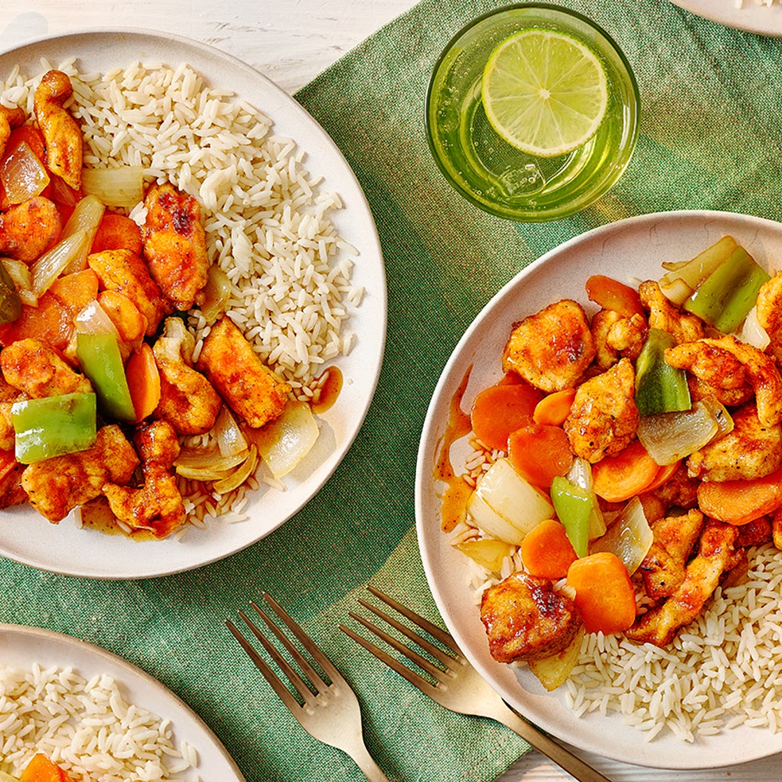 Chinese-style orange chicken with rice