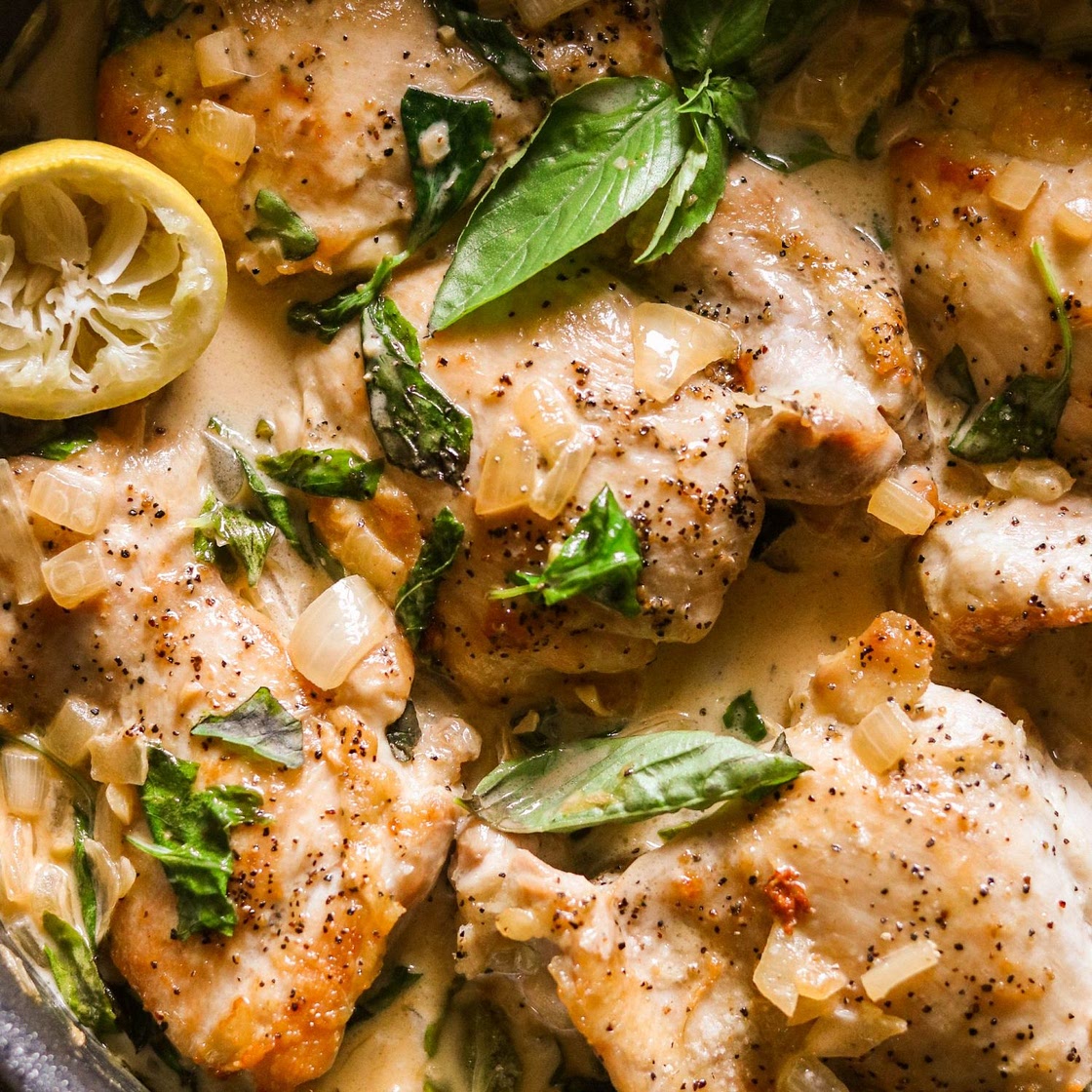 Creamy Skillet Chicken with Garlic & Basil (Paleo, Whole30, Keto, AIP Option)