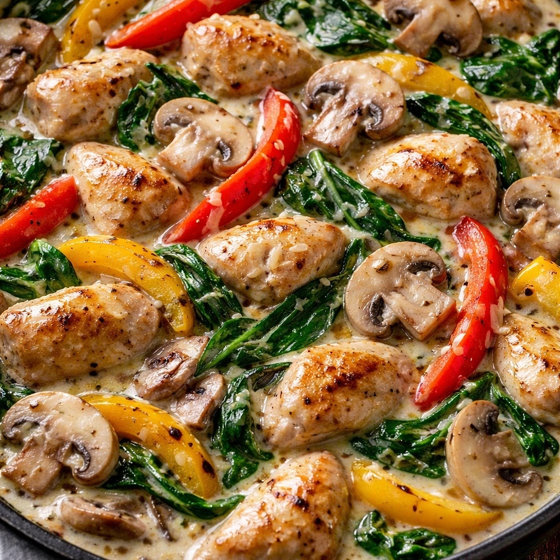 Ultra-Creamy Chicken, Bell Pepper, Mushroom & Spinach Skillet