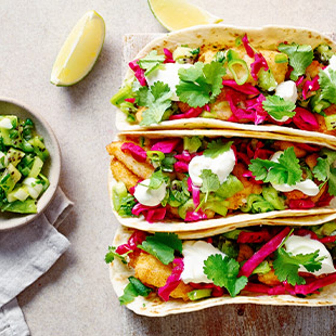 Crispy basa tacos with kiwi salsa