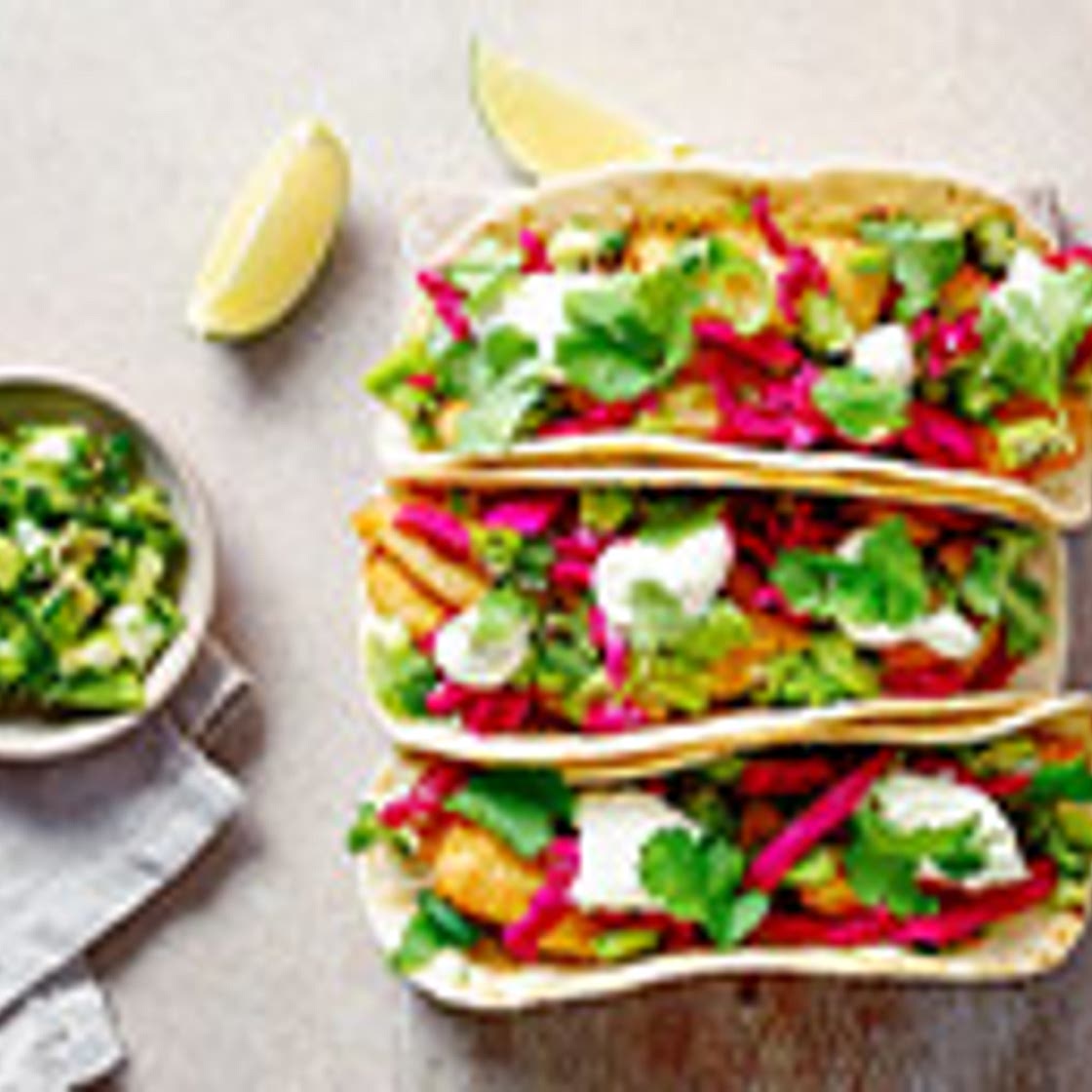 Crispy basa tacos with kiwi salsa